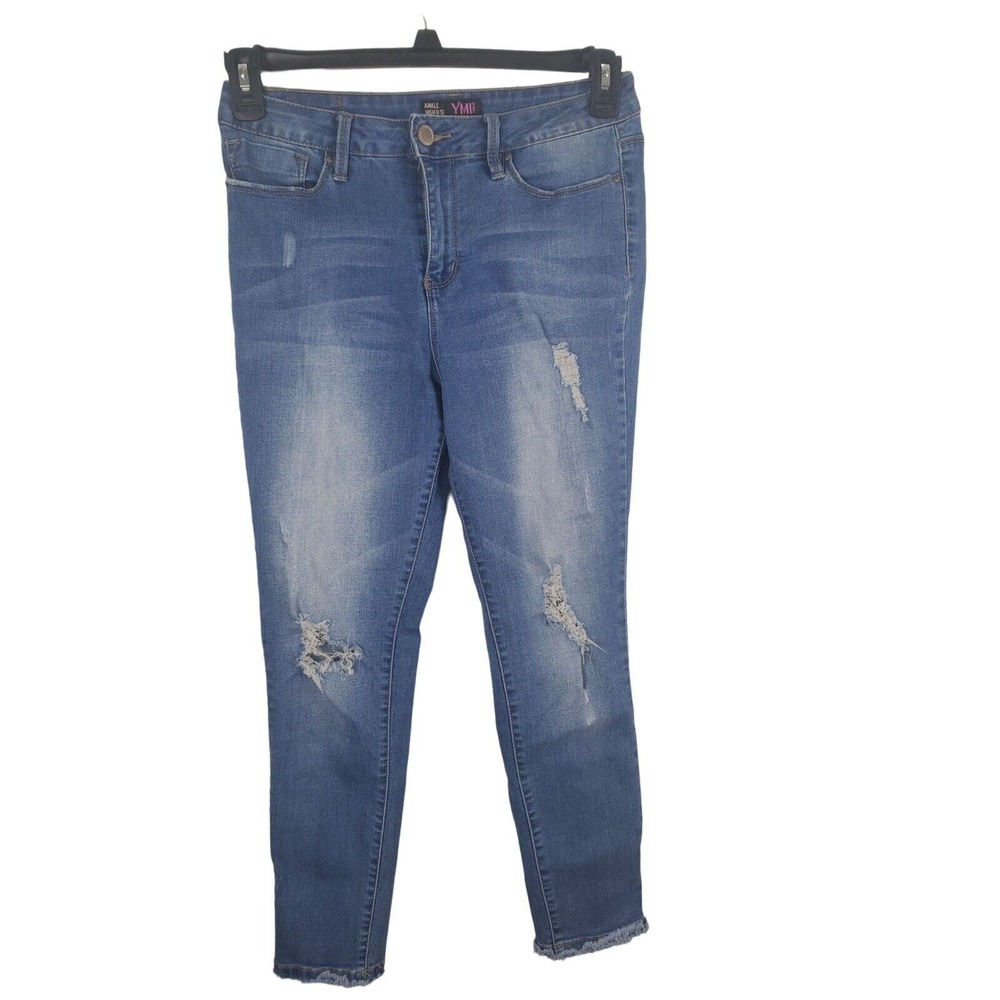 YMI Jeans Womens/Juniors 9 Ankle Length High Rise Raw Hem Skinny Distressed Blue